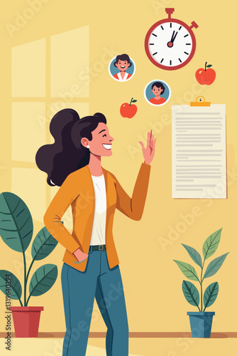 Empowered Woman Thriving in Supportive Workplace, Happy Female Employee Flourishing at Modern Office, Business Success, Teamwork, Positive Work Environment, Vector Illustration