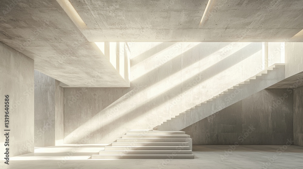 Obraz premium Modern Architectural Interior with Minimalist Concrete Stairs and Bright Light Beams