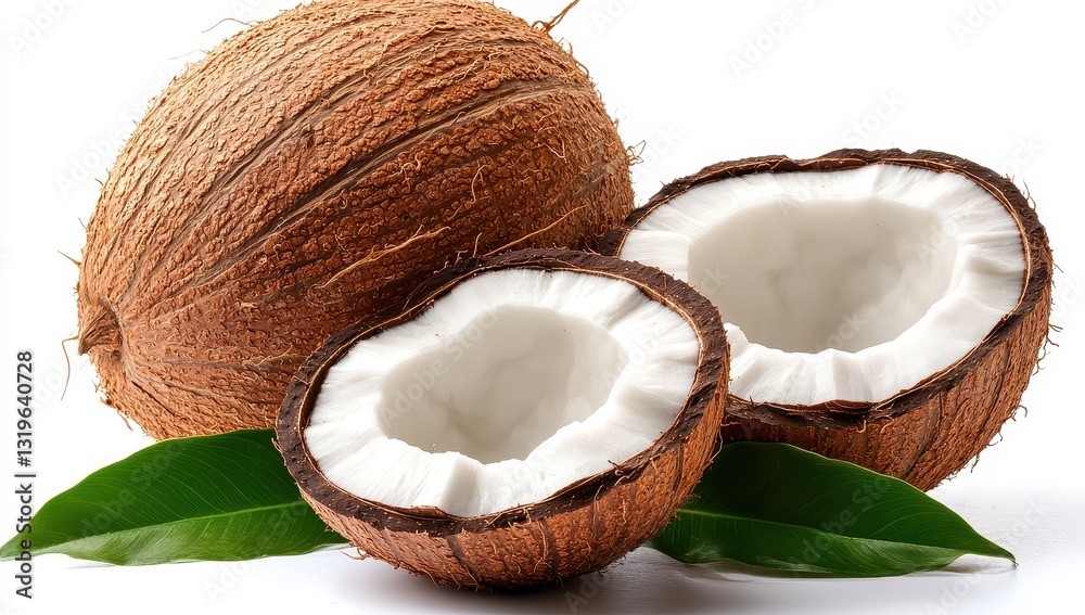 Fresh Coconut Cut Open with Green Leaves Displayed on a White Background for Natural Food and Tropical Lifestyle Concepts Fresh Coconut Cut Open with Green Leaves Displayed on a White Background for Natural Food and Tropical Lifestyle Concepts