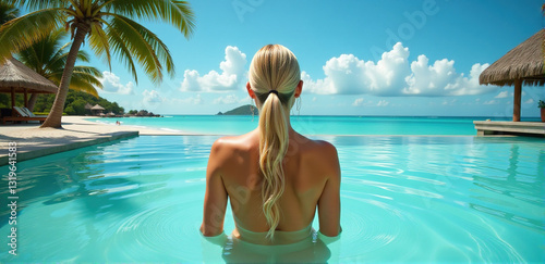 Woman relaxing in a luxurious infinity pool overlooking a tropical beach and ocean. Perfect for travel, vacation, and relaxation themes.