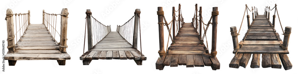 Obraz premium Old wooden suspended bridge Isolated on transparent background, PNG, Set of