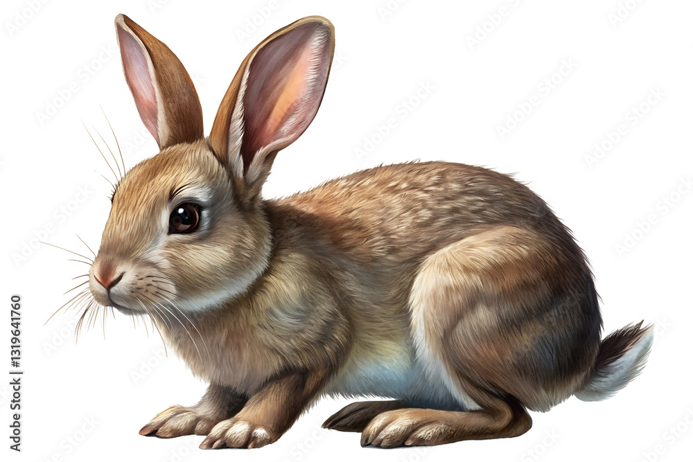 Obraz premium Realistic Brown Rabbit on Black Background - A detailed, realistic illustration of a brown rabbit in a crouching position, isolated on a white background. Common woodland animal. 