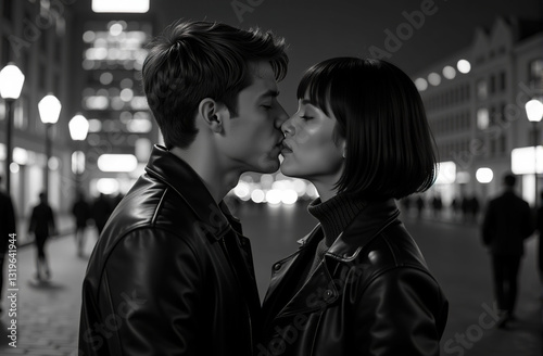 Young couple sharing a passionate kiss at night in the city. Black and white photography. photo