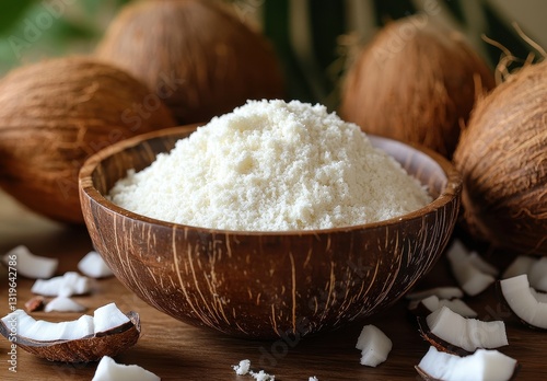 Fresh Coconut Flour in Wooden Bowl Surrounded by Whole Coconuts and Coconut Chunks on a Rustic Wooden Table with Natural Green Background
