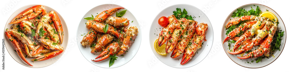 Plate of garlic butter crab legs Isolated on transparent background, PNG, Set of Plate of garlic butter crab legs Isolated on transparent background, PNG, Set of