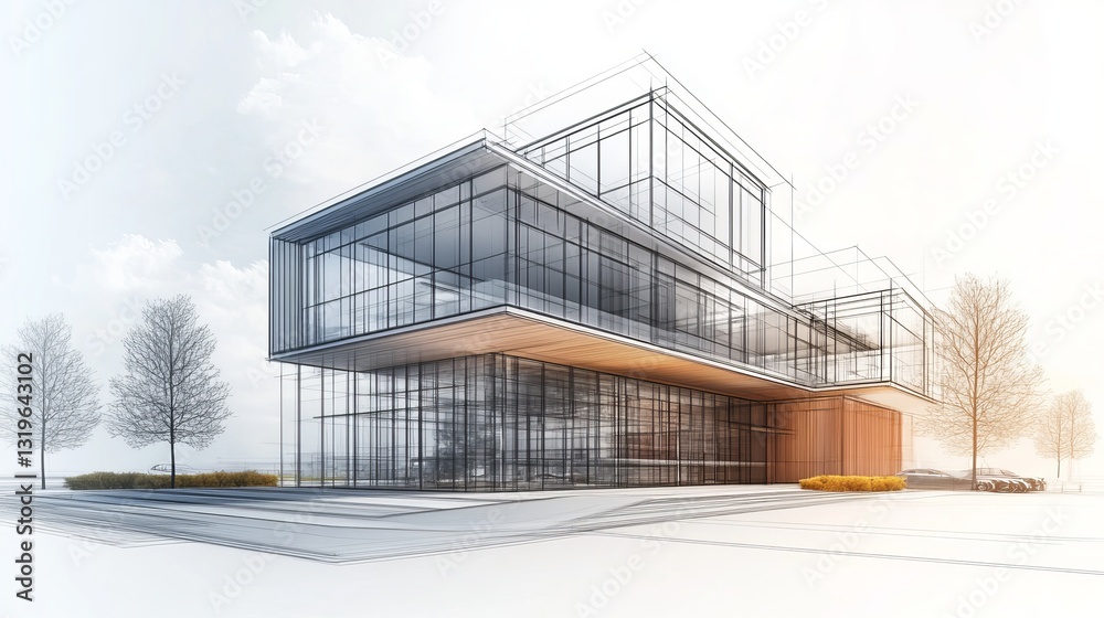Architectural sketch of a building with a 3D illustration Architectural sketch of a building with a 3D illustration