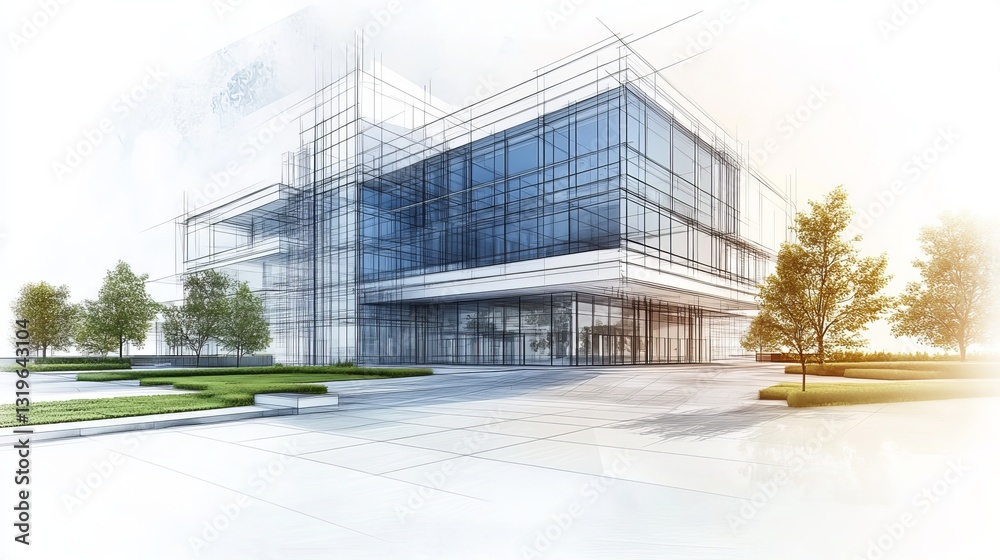 Obraz premium Architectural sketch of a building with a 3D illustration