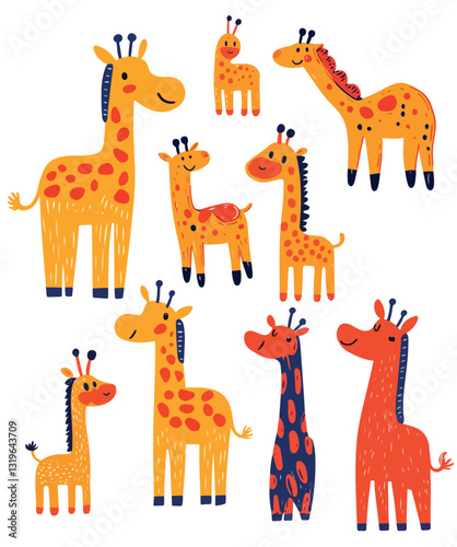 set of funny cute drawings of  giraffes