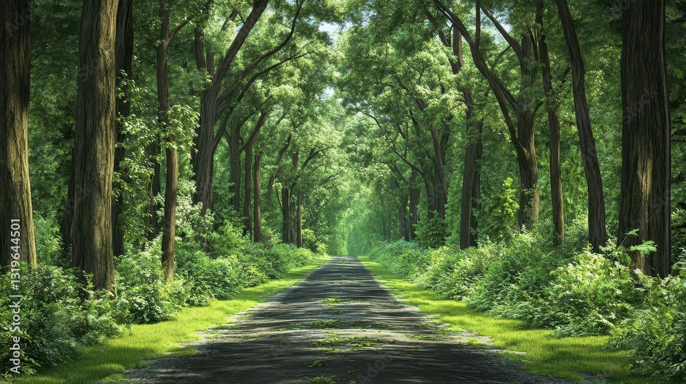 Serene Forest Pathway Surrounded by Lush Greenery and Trees Serene Forest Pathway Surrounded by Lush Greenery and Trees