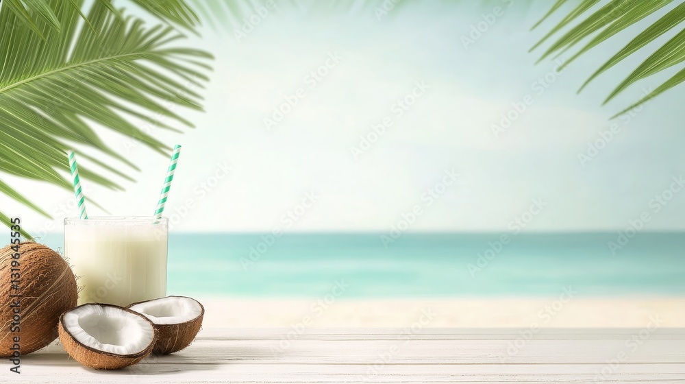 Obraz premium Refreshing coconut drink with straws on a beachside table surrounded by palm leaves