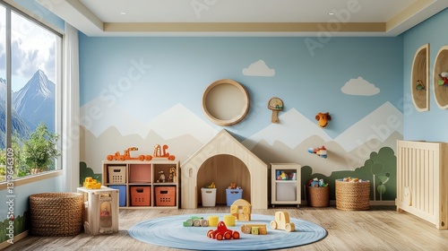 A children's playroom painted with non-toxic, low-VOC paint, featuring toys made from sustainably sourced wood and storage bins crafted from recycled materials..