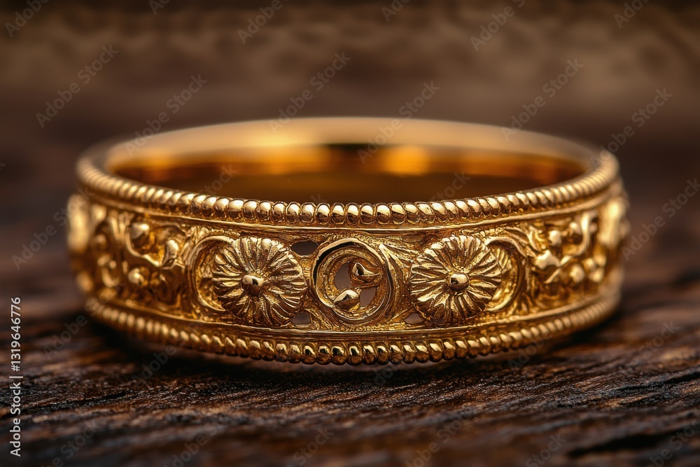 Intricate gold ring with floral and swirling motifs sitting on textured wood Intricate gold ring with floral and swirling motifs sitting on textured wood