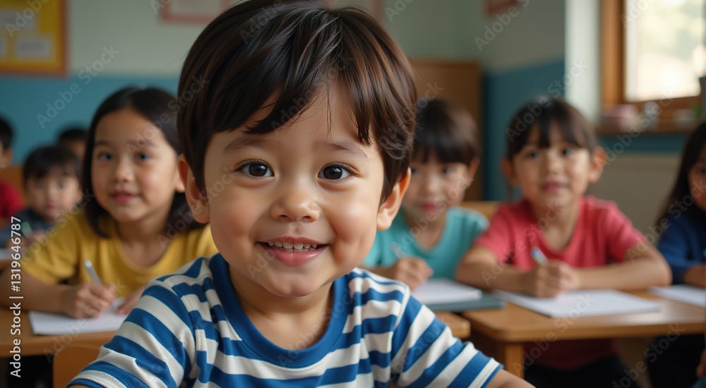 Close-up portrait of a smiling preschool boy in a classroom with other children. Close-up portrait of a smiling preschool boy in a classroom with other children.