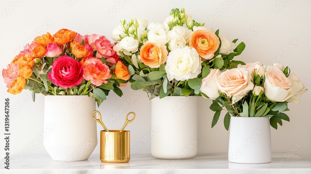 Obraz premium Vibrant floral arrangement featuring colorful ranunculus and roses in minimalist vases