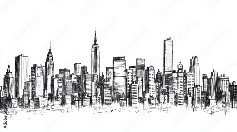Fototapeta premium City skyline sketch in black and white featuring a cityscape illustration in vector format