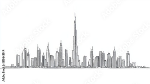 Dubai city skyline featuring towers and landmarks in a liner illustration style vector with famous buildings in a cityscape line art vector