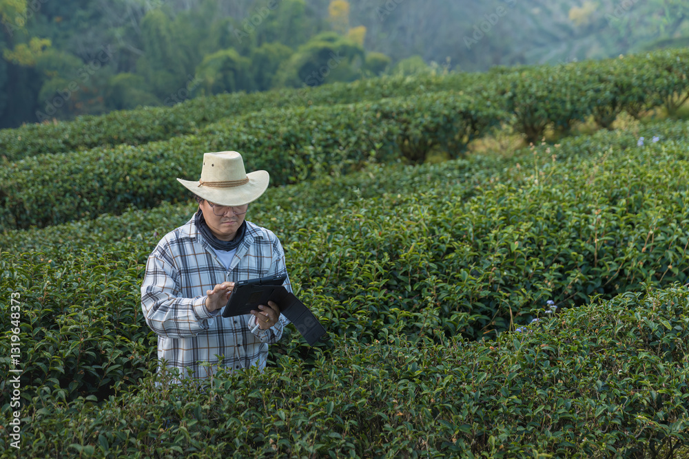 Farmer inspects tea fields. Smart farming and digital farming in Green tea industry. Agricultural researchers monitor the quality of tea leaves in plantation. Farmer Tea Plantation checking quality Farmer inspects tea fields. Smart farming and digital farming in Green tea industry. Agricultural researchers monitor the quality of tea leaves in plantation. Farmer Tea Plantation checking quality
