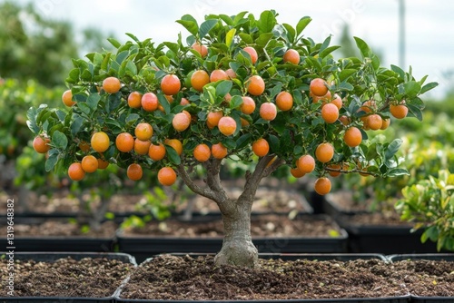 Small tree with vibrant orange fruit and green leaves growing in a pot A miniature citrus tree for decoration