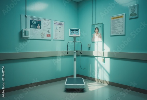 Medical weighing scale in hospital room with teal walls.