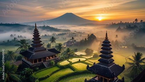 Breathtaking Sunrise Over Temple and Mountain Landscape