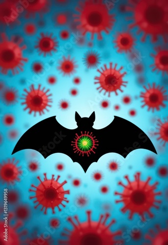 Silhouette of a bat with a virus symbol in its center, surrounded by red virus particles on a blue background. Concept of virus transmission and zoonotic diseases.