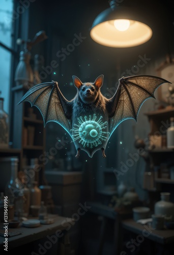Mysterious bat with glowing virus symbol in dimly lit laboratory.