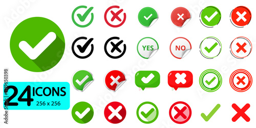 Check box tick mark icon set button correct right wrong buttons or yes or no checkmark red cross green tick vector illustration