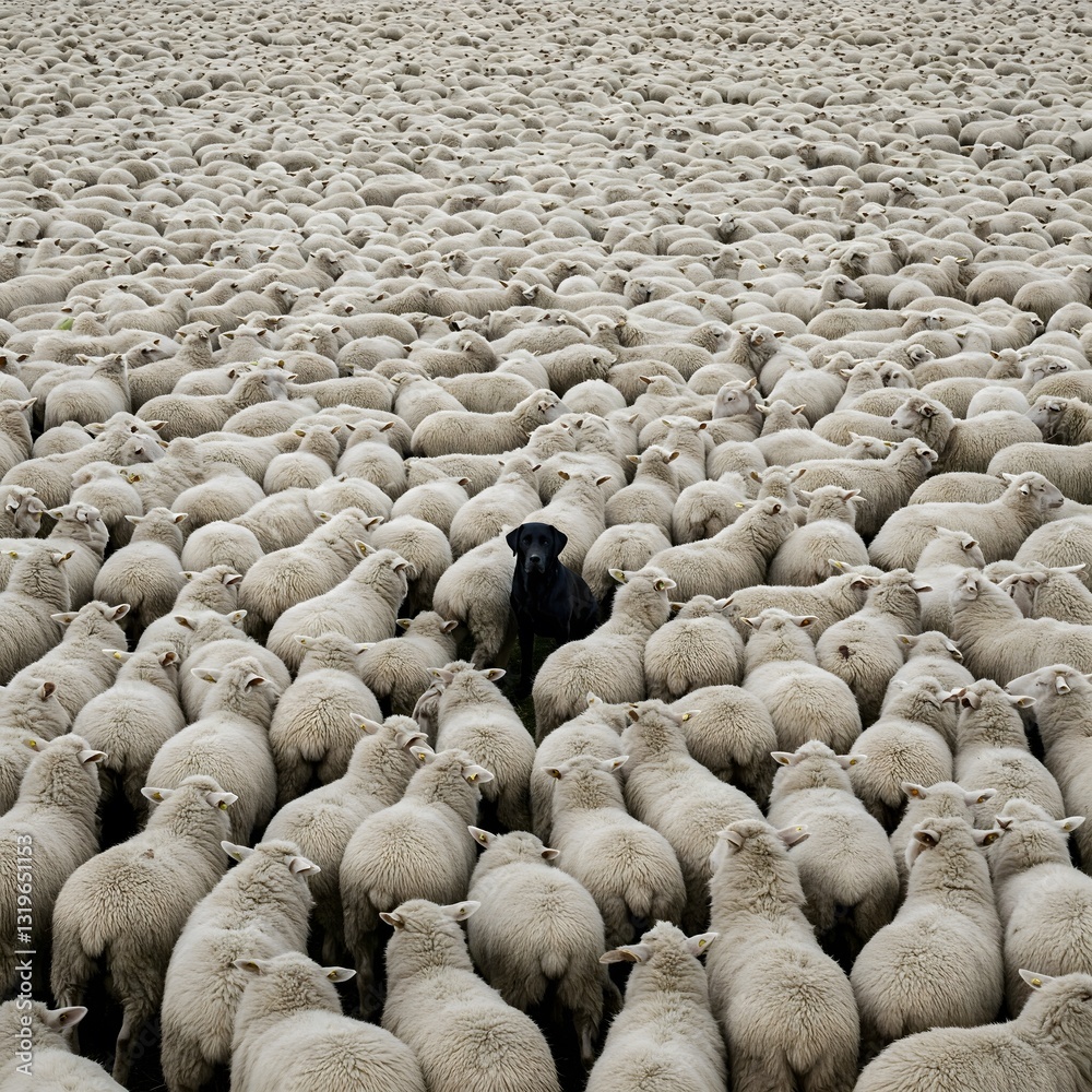 A lone black dog commands attention amidst a sea of white sheep, captured from above to showcase the vastness of the flock. A lone black dog commands attention amidst a sea of white sheep, captured from above to showcase the vastness of the flock.