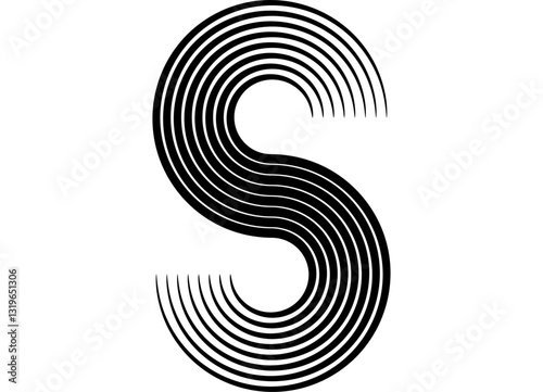 Letter S. Black and white pattern of black twisted parallel lines on a white background.  Vector design element in retro style for covers, advertising, interior, typography.  wall art