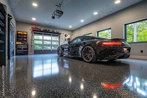 A modern luxury garage contains a pristine black sports car