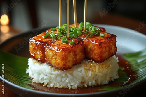 Delicious glazed tofu skewers atop a bed of white rice garnished with fresh green onions A flavorful and eye-catching dish photo