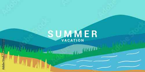 Summer Poster horizontal landscape design, banner, cover, card with fields, lake, mountains in the distance and typography design. Summer holidays, vacation travel Illustration