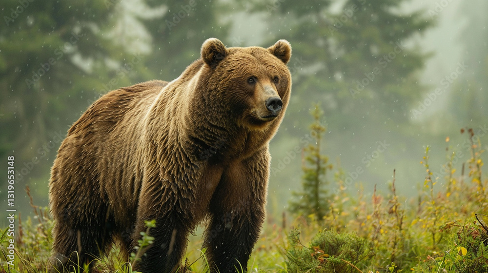 A grizzly bear standing tall in a misty Alaskan forest. A grizzly bear standing tall in a misty Alaskan forest.
