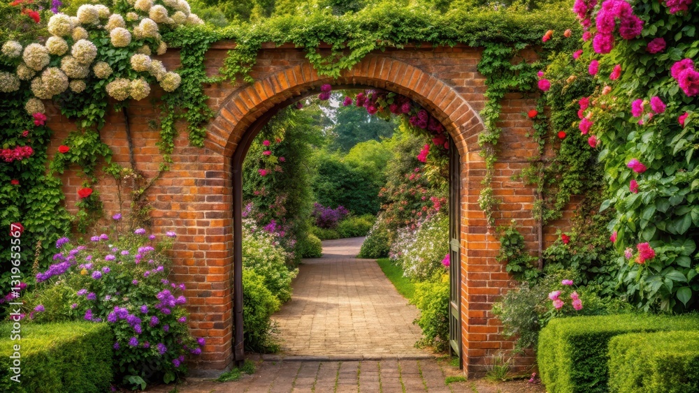Fototapeta premium Archway entrance to a secluded garden court, flowers, courtyard, flowers, courtyard,serene, greenery, stone, nature