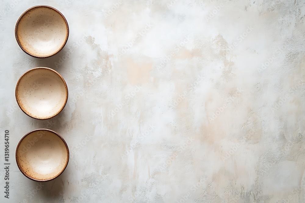 Fototapeta premium Three Empty Beige Bowls on a Light Background