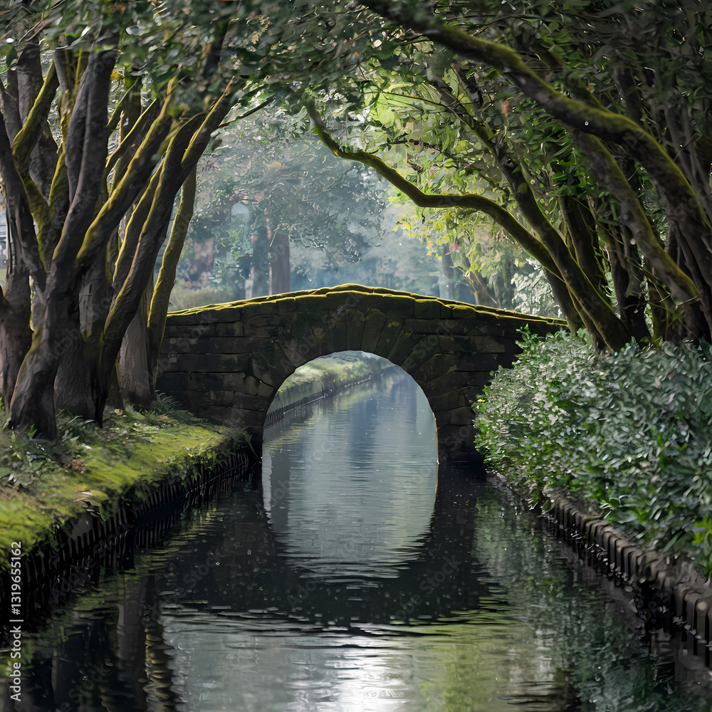 Tranquil river stream running through ancient moss covered stone bridge with calming cool arched canopy of overhanging green tree branches relaxing view illustration image Tranquil river stream running through ancient moss covered stone bridge with calming cool arched canopy of overhanging green tree branches relaxing view illustration image