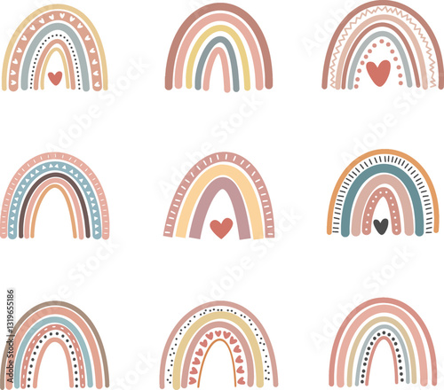 Rainbow boho decor hand drawing element set