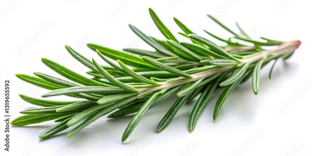 Fototapeta premium Fresh rosemary leaves with a sprig isolated on a white background, highlighting its fragrance and aroma, kitchen spice, plant isolate