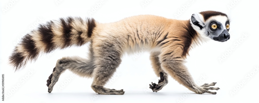 Obraz premium An animal with a striped tail walking gracefully on a white surface