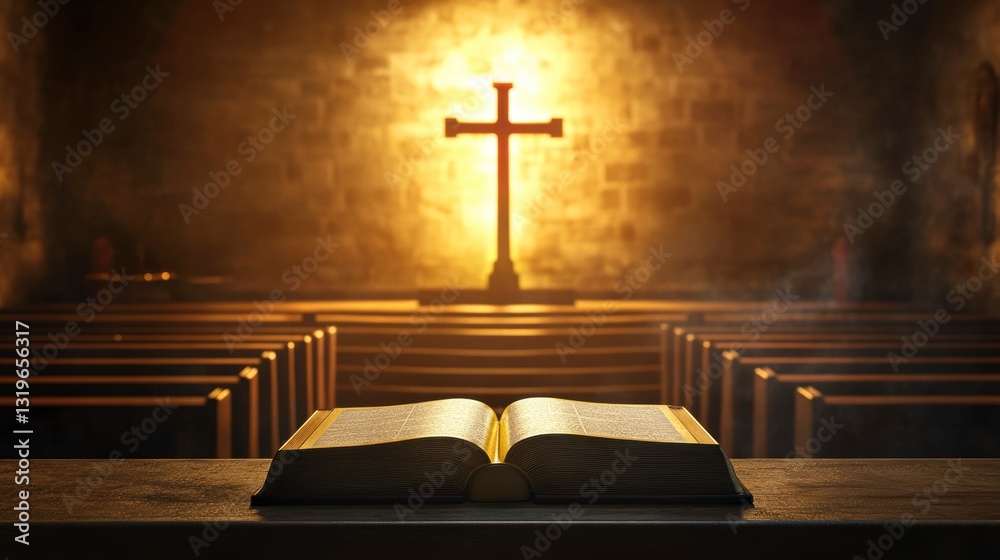 Naklejka premium Open Bible in Church, Religious Light, Spiritual Place, for Faith Concept