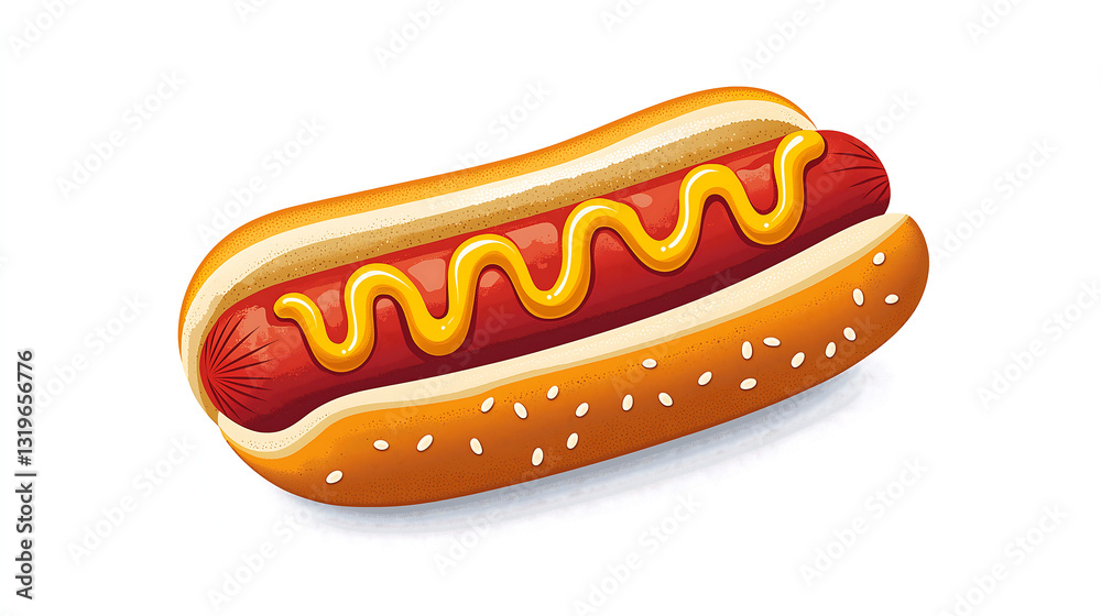 Cartoon Illustration of a Juicy Hotdog with Mustard in a Sesame Bun for Fast Food American Barbecue Picnic Concept Cartoon Illustration of a Juicy Hotdog with Mustard in a Sesame Bun for Fast Food American Barbecue Picnic Concept