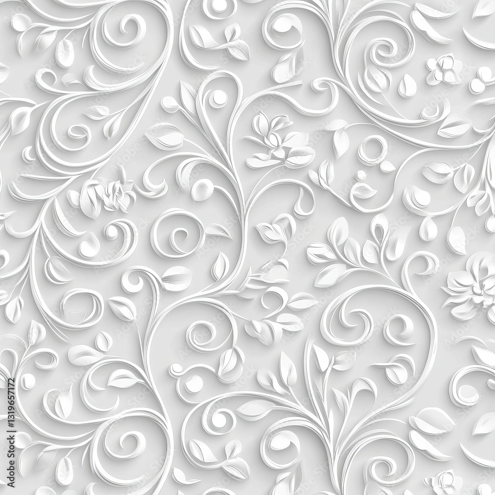 3D render of a seamless pattern with white plasticine, featuring floral leaves and swirls, vector illustration on a light grey background, seamless wallpaper design.