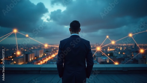 Wallpaper Mural Businessman overlooking networked cityscape amidst a dramatic night skyline Torontodigital.ca