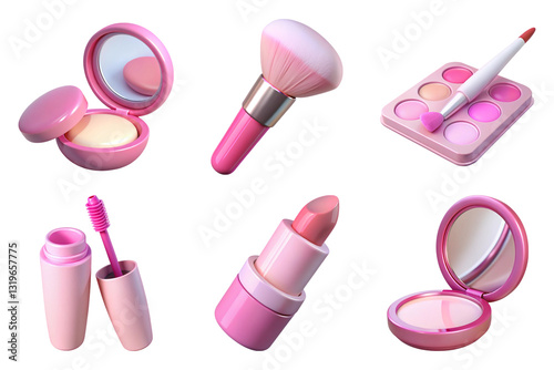 collection of pink cosmetic items including lipstick, blush, and brushes, showcasing beauty essentials in vibrant design 3D