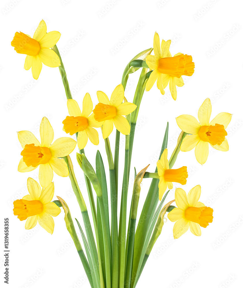 Fototapeta premium Spring flowers - bouquet of yellow narcissus flowers isolated on a white background. Daffodil flowers.