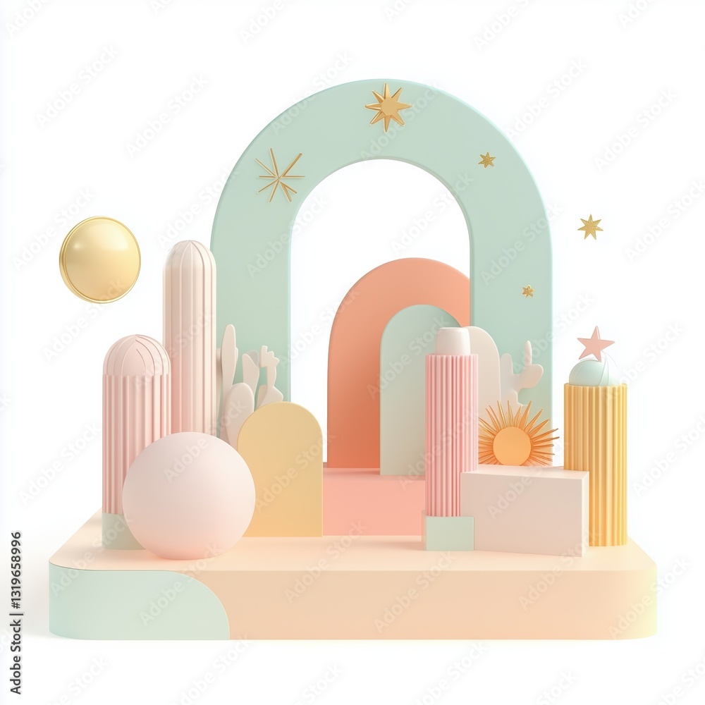Pastel geometric podium features abstract shapes and whimsical design elements Pastel geometric podium features abstract shapes and whimsical design elements