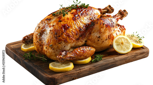 Whole roasted chicken with perfectly crispy golden skin, garnished with fresh thyme and lemon slices, resting on a wooden serving board.
