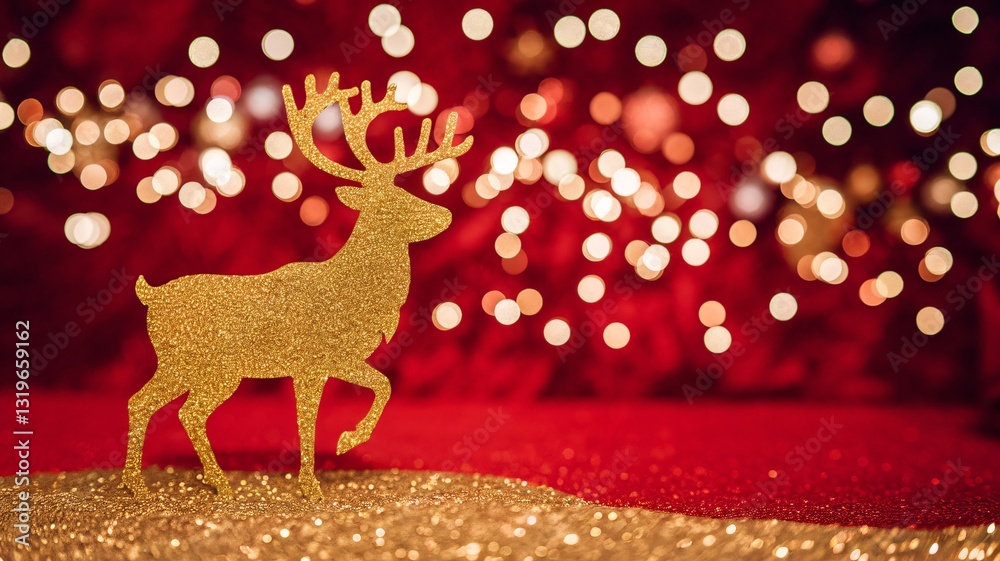Naklejka premium A gold glitter reindeer figurine stands prominently in front of a blurred red backdrop