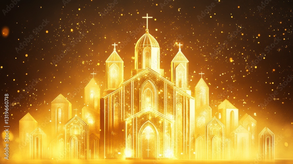 Obraz premium Golden church city at night, spiritual background, digital art, possible use for faith, inspirational content
