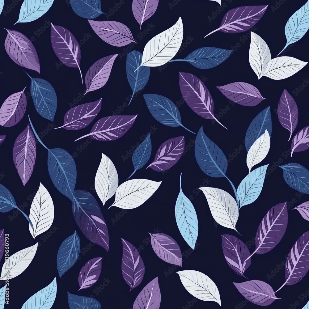 Fototapeta premium Simple, flat illustration pattern of leaves and petals in dark blue, purple, and white on a navy background.